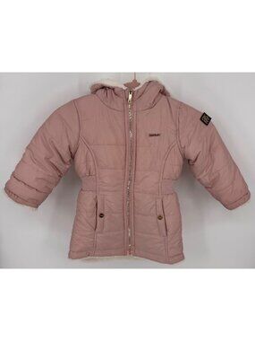 DKNY Girls Reversible Pink Puffer White Faux Fur Winter Jacket Size 3T